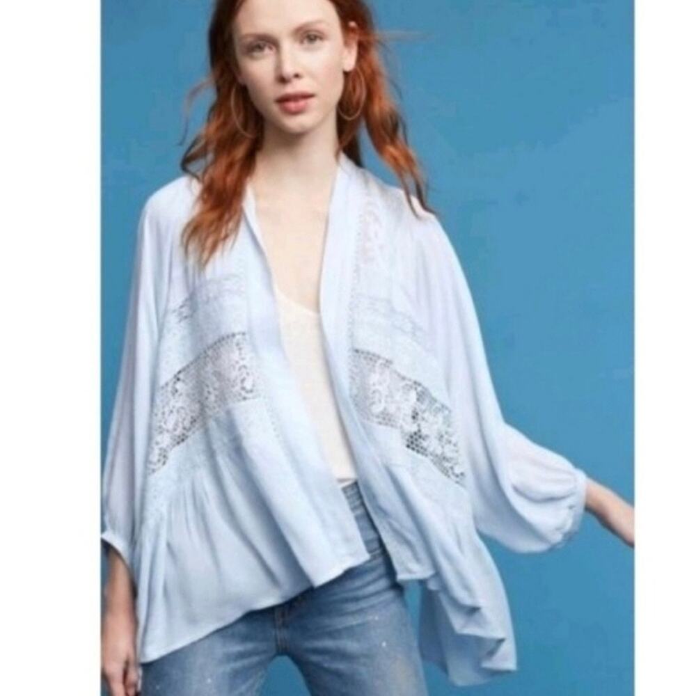 Anthropologie Elevensies Light Blue Kenepa Lace Kimono Cardigan Sz M/L Boho